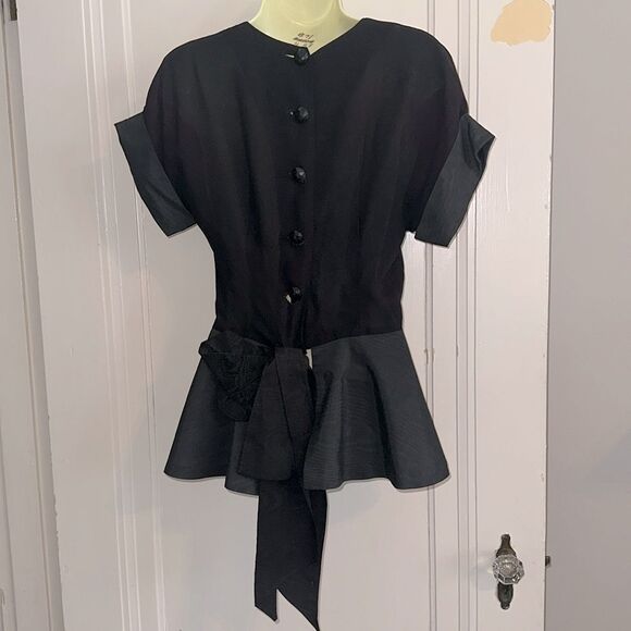 Vintage 60s Dressy Black Peplum Button Back Blouse with Bow at neck & in back - Picture 5 of 9